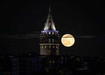 A beautiful night shot of Galata Tower in Istanbul.