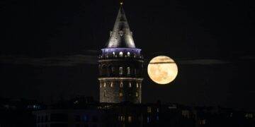 A beautiful night shot of Galata Tower in Istanbul.
