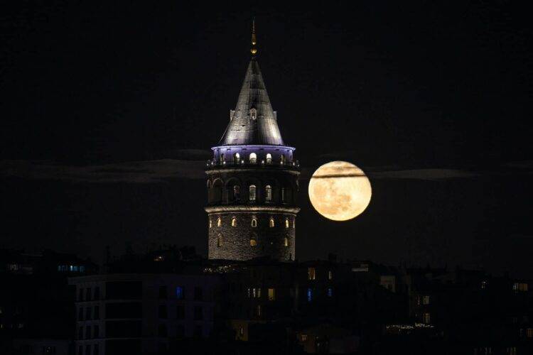 A beautiful night shot of Galata Tower in Istanbul.