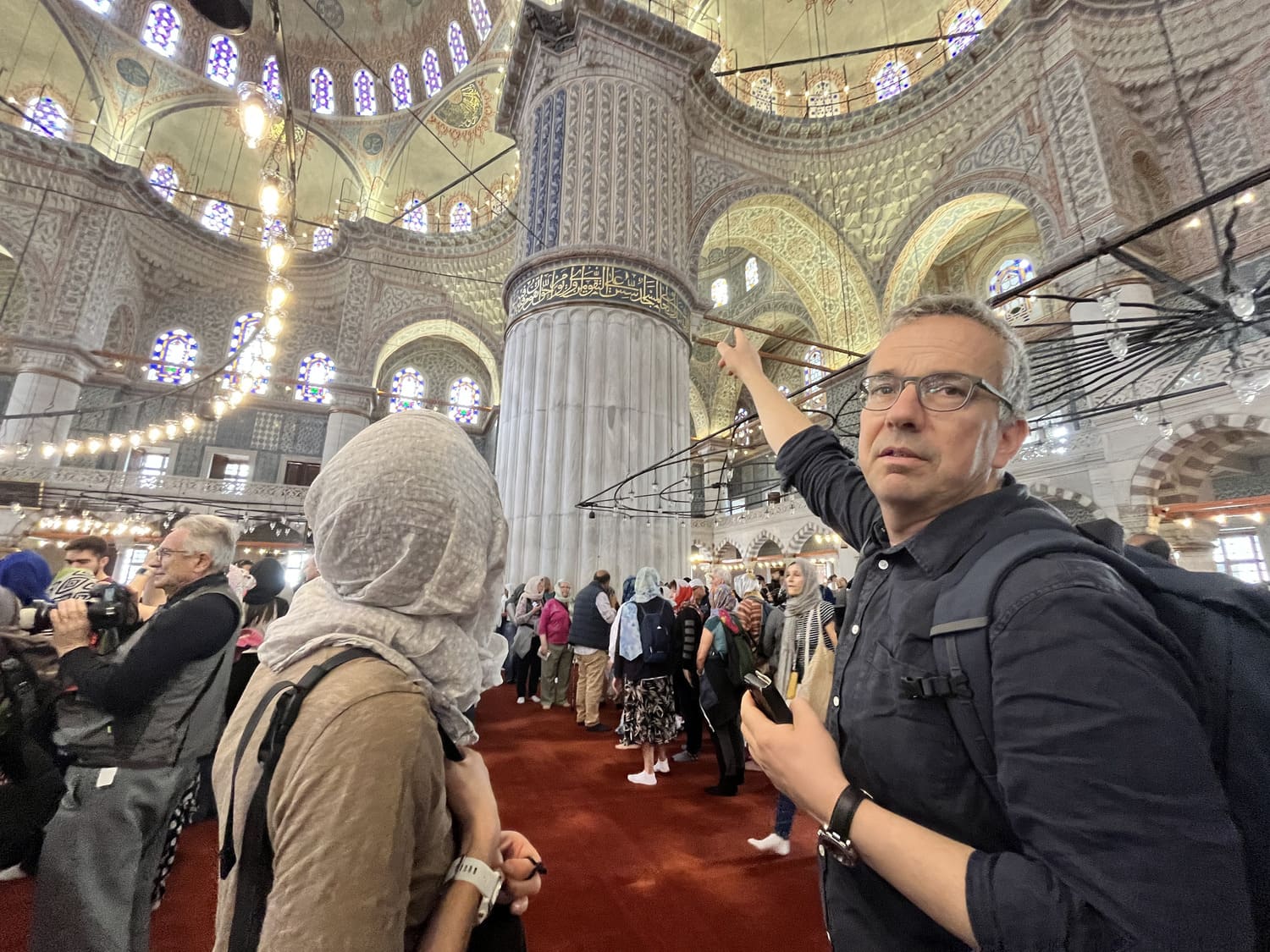 The fluted elephant feet pillars inside the Blue Mosque