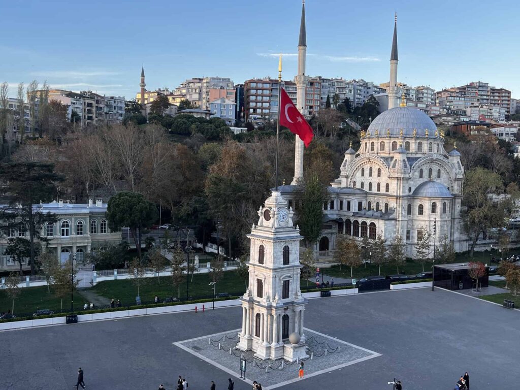 Karakoy - Galataport Square with the clocktower and the 18th century Ottoman Nusretiye Mosque