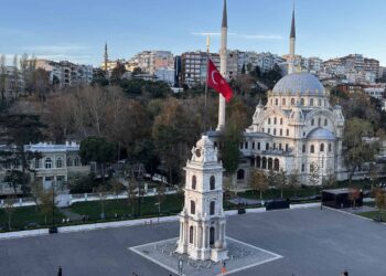 Karakoy - Galataport Square with the clocktower and the 18th century Ottoman Nusretiye Mosque