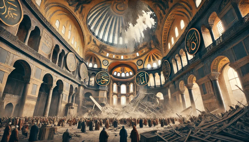 Here is the artistic depiction of Hagia Sophia during its first collapse in 558 AD, capturing the dramatic moment when the original dome crumbled.