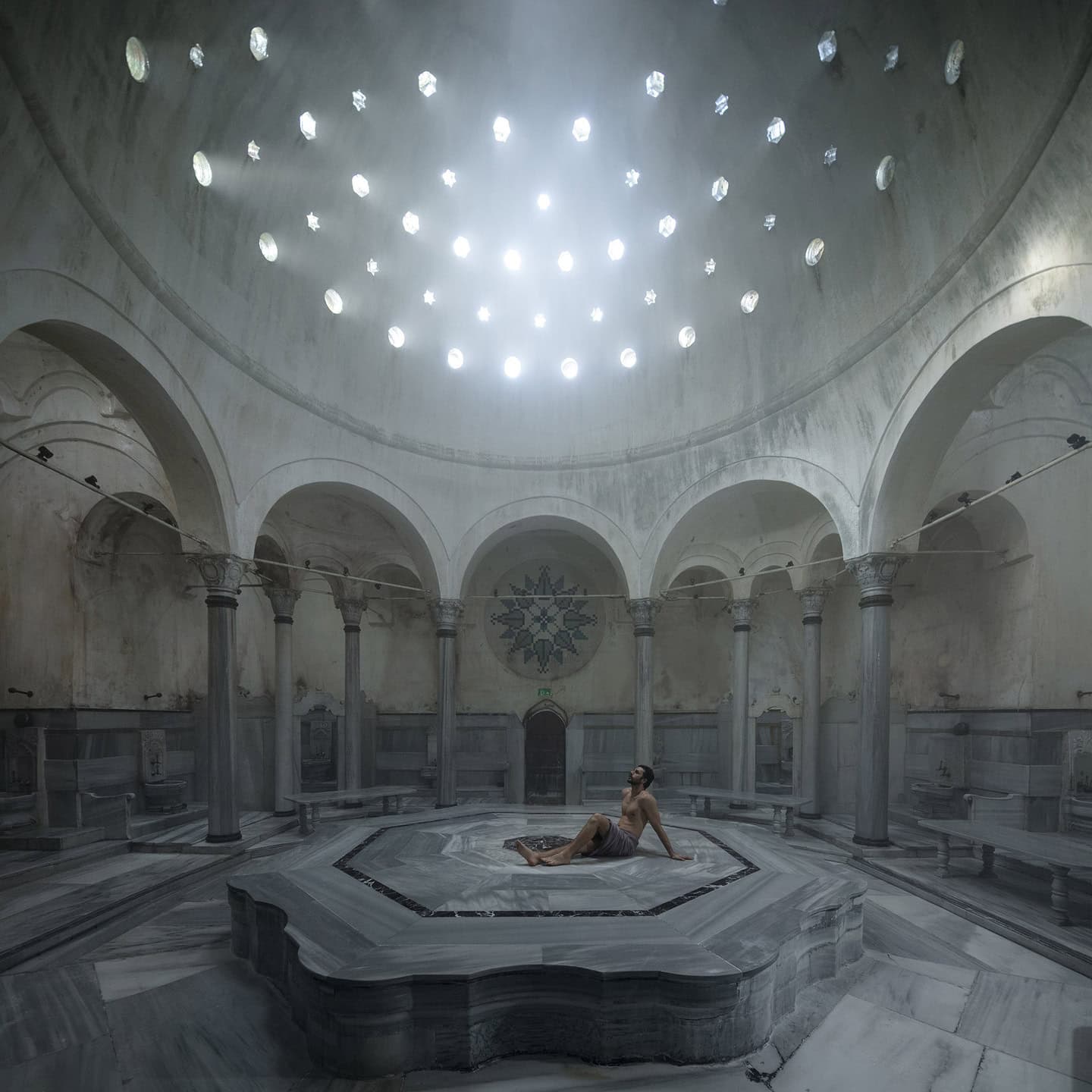 The domed hot room of Cagaloglu Hamami with star-shaped light openings