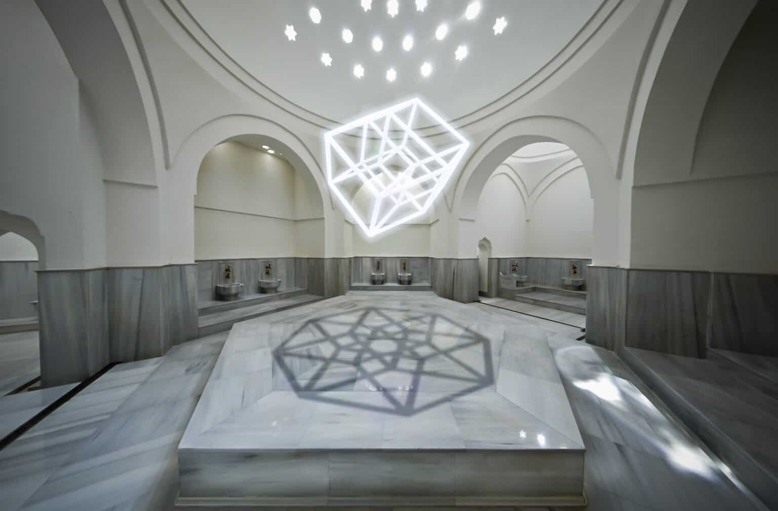 The heated marble platform under the great dome of Kilic Ali Pasa Hamami