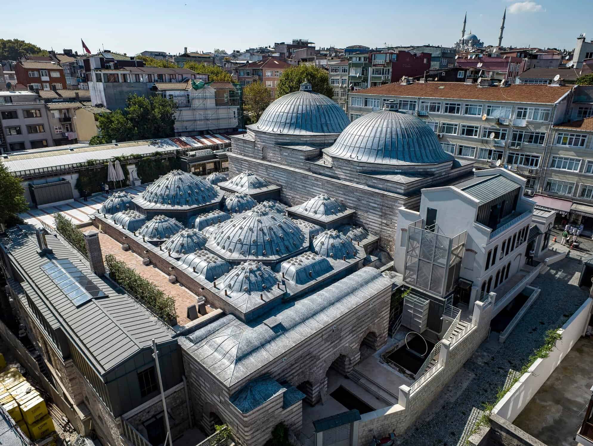 The lead domes of Zeyrek Cinili Hamam seen from above