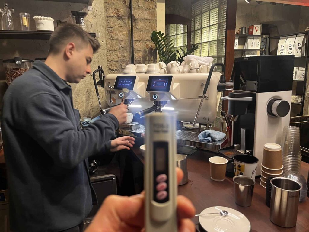 Ugur Gozcu brewing coffee for clients at Arc Coffee Co. in Balat Istanbul