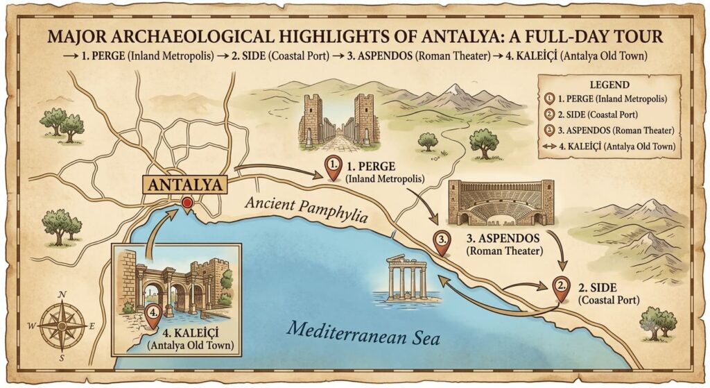 Major Archaeological Highlights of Antalya Map