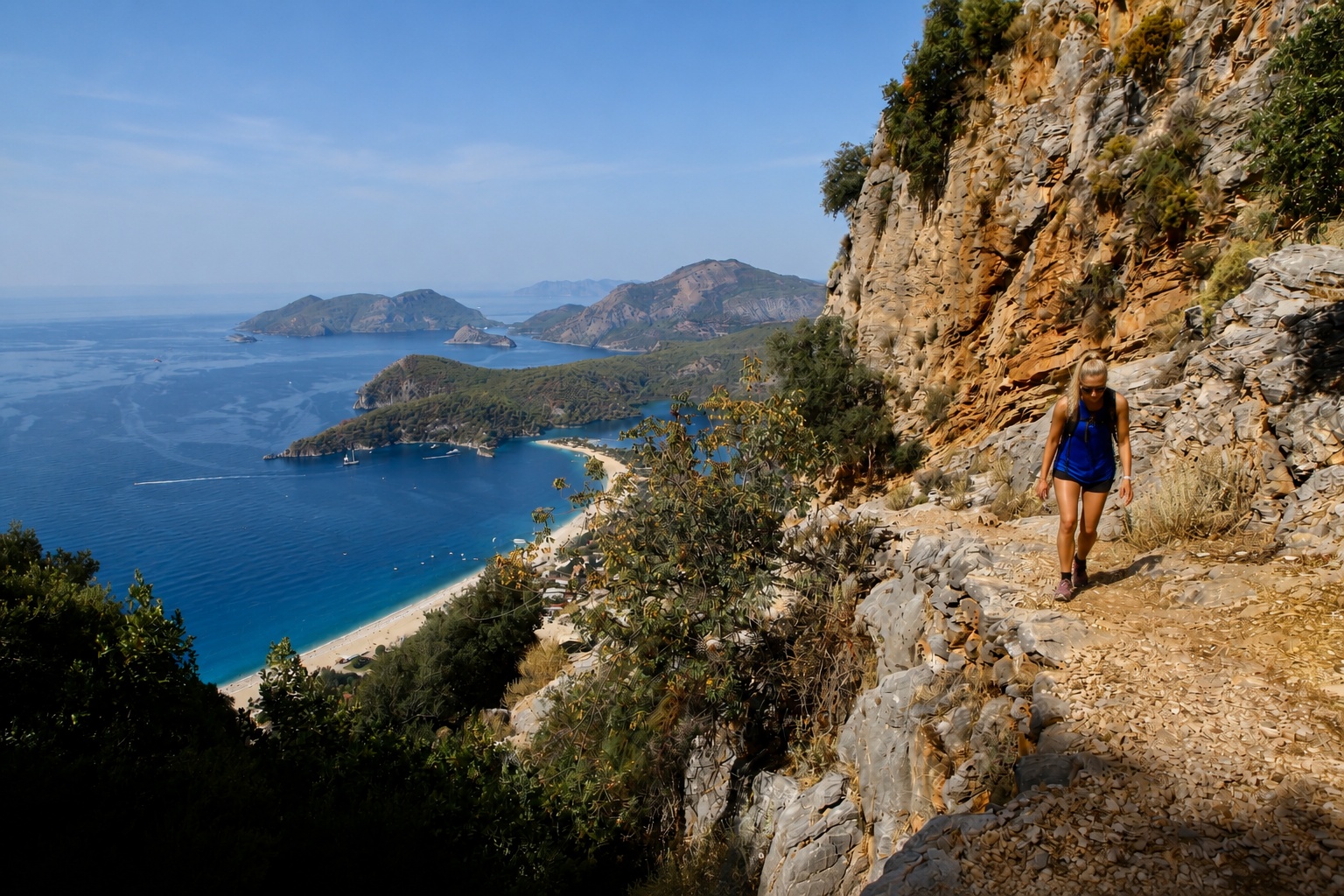 Hiker standing on the Lycian Way overlooking Kabak Valley and the Mediterranean coast near Fethiye, Türkiye.