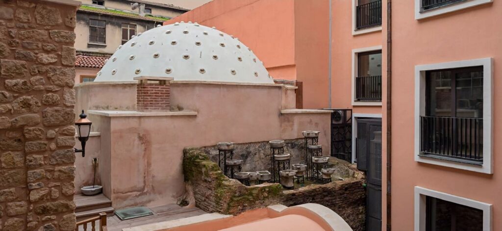 Ottoman hamam dome with fil gözü glass inserts at Tarihi Çeşme Hamamı in Karaköy Istanbul