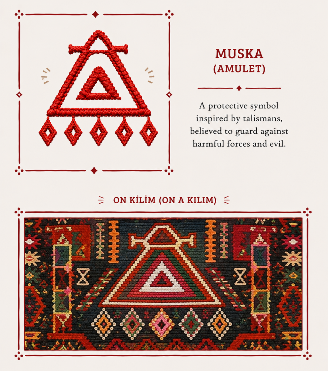 Infographic explaining the meaning of the Muska (Amulet) motif in traditional Turkish kilims, with examples of each motif woven into authentic kilims.