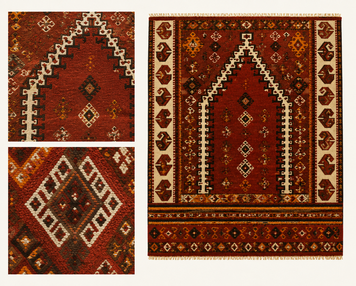 Traditional Konya Obruk prayer kilim featuring a distinctive mihrab design and symbolic geometric motifs, with detailed close-up views of its weaving.