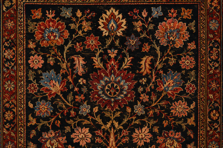 Close-up of a traditional Ottoman carpet featuring intricate floral motifs, symmetrical vine patterns, and handwoven craftsmanship.