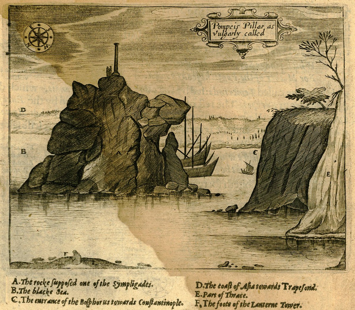 A 1615 engraving of the Symplegades (Cyanean Rocks) at the entrance to the Bosphorus. Ancient writers associated these cliffs with the mythical "Wandering Rocks" encountered by Odysseus in the Odyssey.