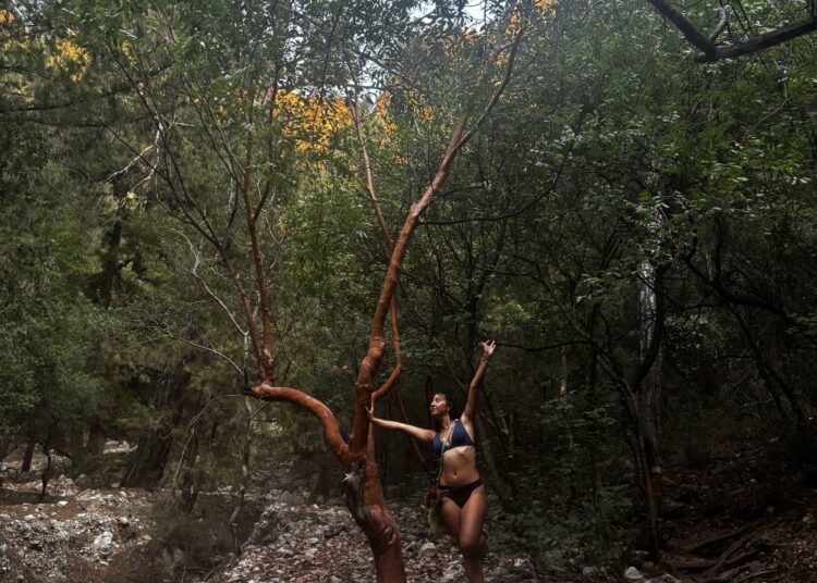 Traveler exploring the forest trail leading to Aladere Waterfall in Kabak Valley near Fethiye, Türkiye.