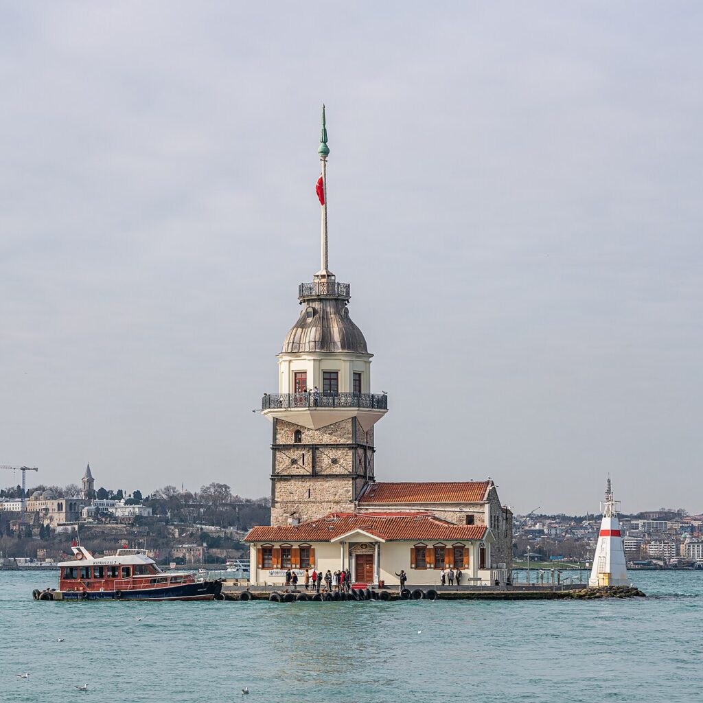 Maiden's Tower standing on a small islet in the Bosphorus, one of Istanbul's most iconic historic landmarks