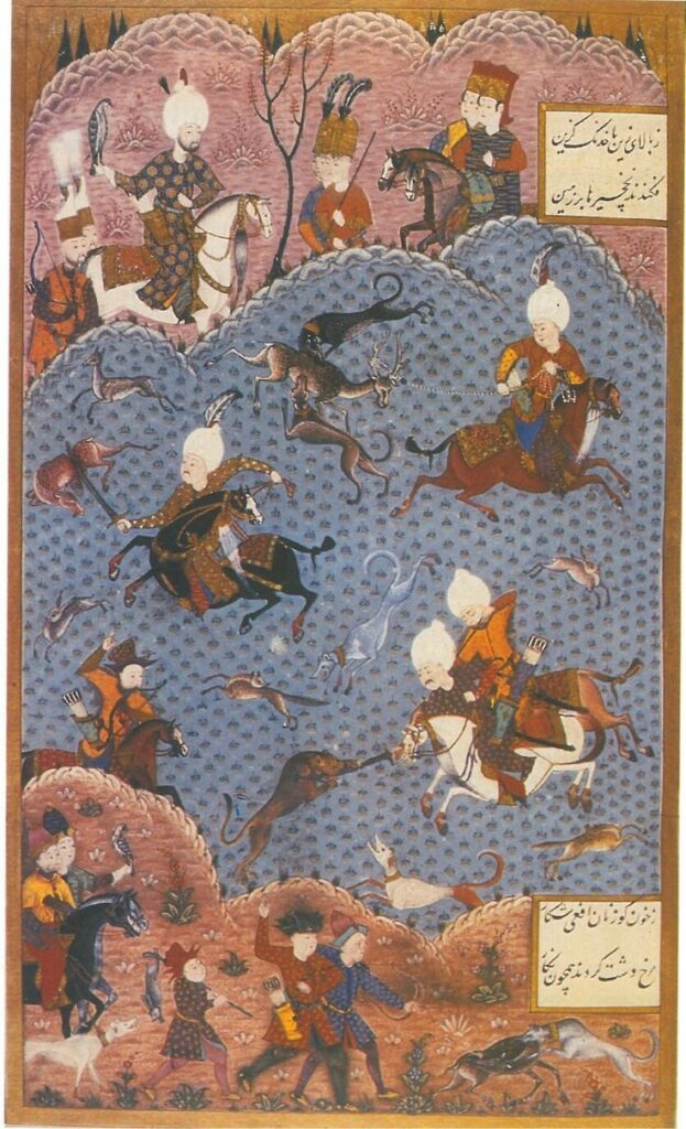 Ottoman miniature depicting Sultan Suleiman hunting deer with sighthound-type hunting dogs.