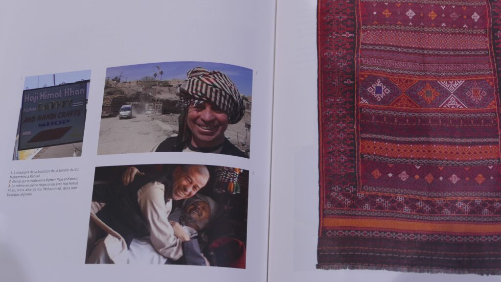 Interior page from Ahmet Diler's book featuring travel photographs alongside a traditional Turkish kilim and its woven motifs.