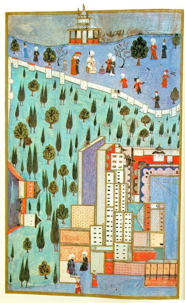 Ottoman miniature showing slender cypress trees and broadleaf trees in the gardens surrounding a palace complex.
