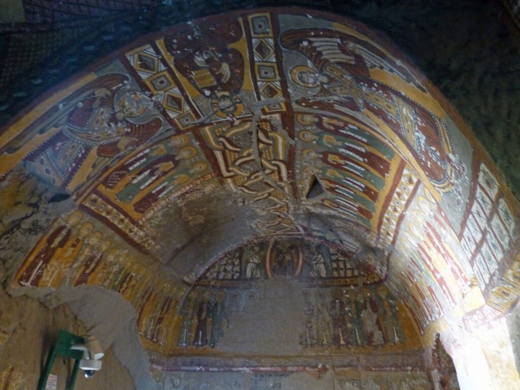 Painted ceiling and interior of Yılanlı Church in Ihlara Valley, Cappadocia, Turkey.