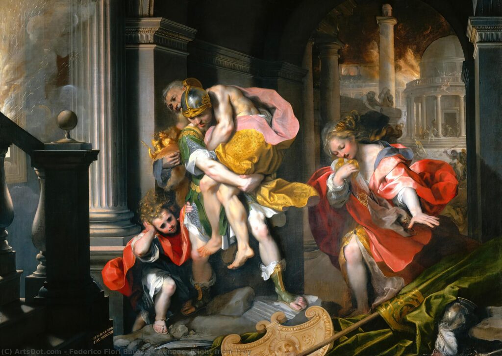 Federico Barocci's 1598 painting depicting Aeneas carrying his father Anchises while fleeing the burning city of Troy with his son Ascanius.