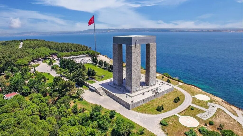 The Çanakkale Martyrs' Memorial (Şehitleri Anıtı) on the Gallipoli peninsula, overlooking the Dardanelles strait near the Çanakkale–Lemnos ferry route to Greece
