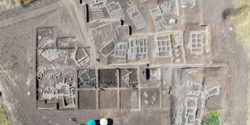 Aerial view of Çayönü Tepesi excavation showing grill-plan stone foundations, with archaeologists and umbrellas below