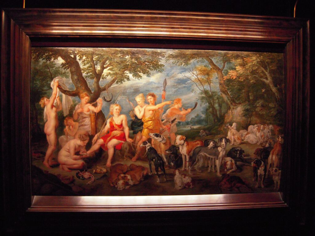 The 1623 painting Diana and Her Nymphs Preparing for the Hunt by Peter Paul Rubens and Jan Brueghel the Elder, featuring split-nosed hunting dogs