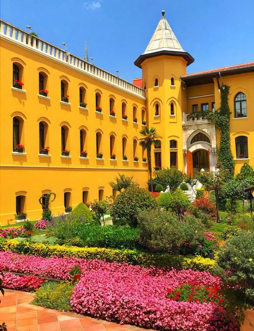 Four Seasons Hotel Istanbul at Sultanahmet's courtyard garden with the original 1919 prison watchtower rising above flowering begonias and geraniums
