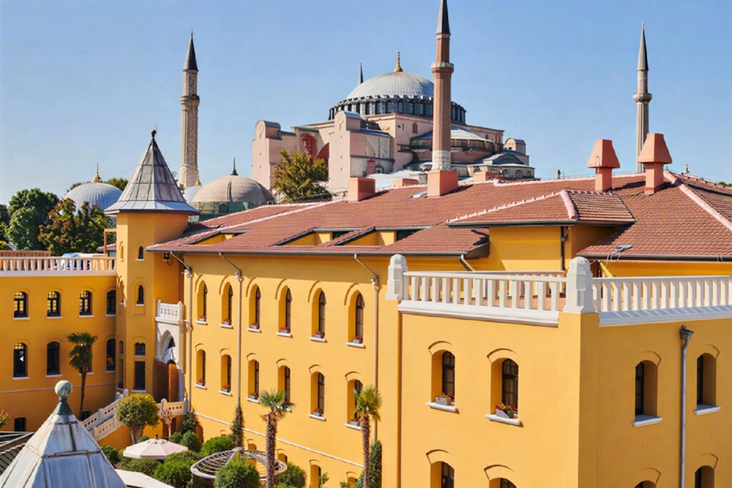 Aerial view of Four Seasons Hotel Istanbul at Sultanahmet's yellow ochre building with Hagia Sophia's dome and minarets rising directly above the roofline