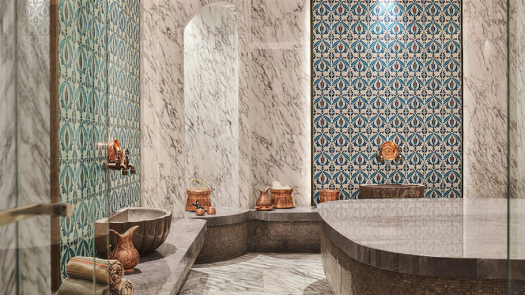 Kurna Spa hammam at Four Seasons Hotel Istanbul at Sultanahmet with Carrara marble, Iznik-patterned tile panels and copper kurnalar