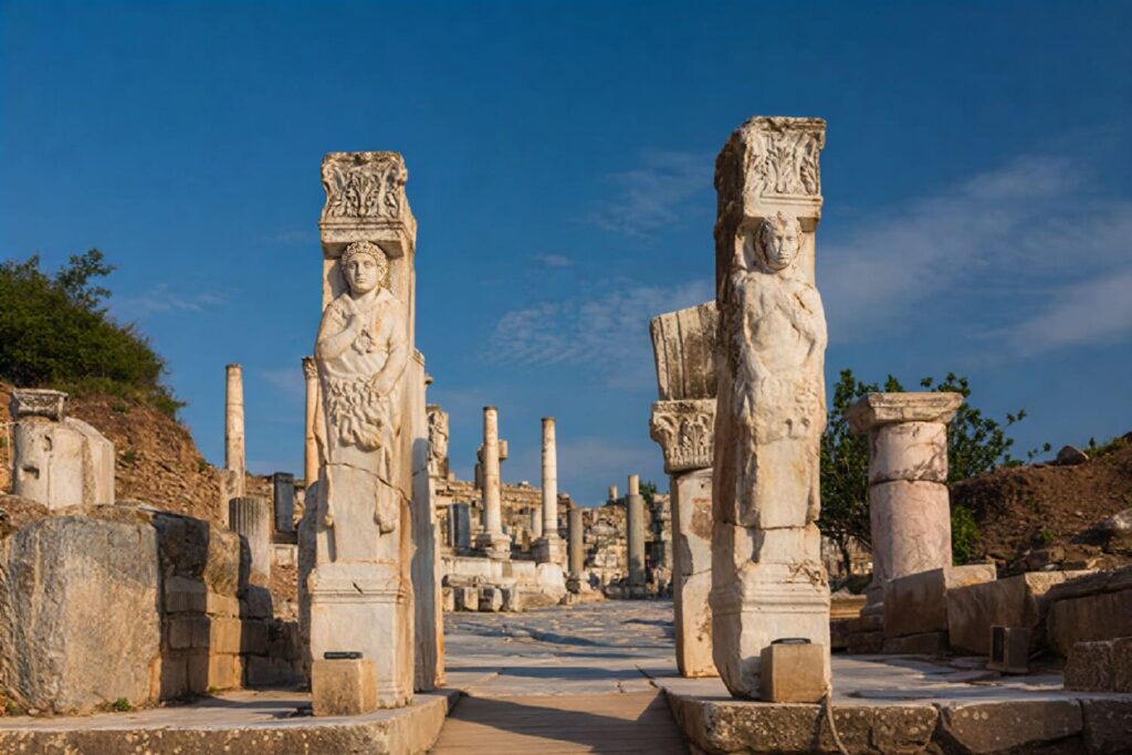 The Gate of Hercules at the upper entrance to Curetes Street, Ephesus — two tall marble piers each carved in high relief with Hercules wearing the Nemean lion skin and holding his club