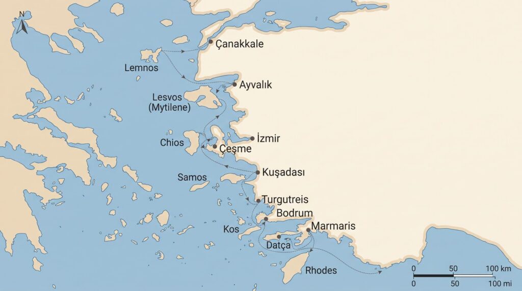 Map of ferry routes from Türkiye to the Greek islands showing six crossings: Bodrum to Kos, Çeşme to Chios, Kuşadası to Samos, Ayvalık to Lesvos, Marmaris to Rhodes and Çanakkale to Lemnos