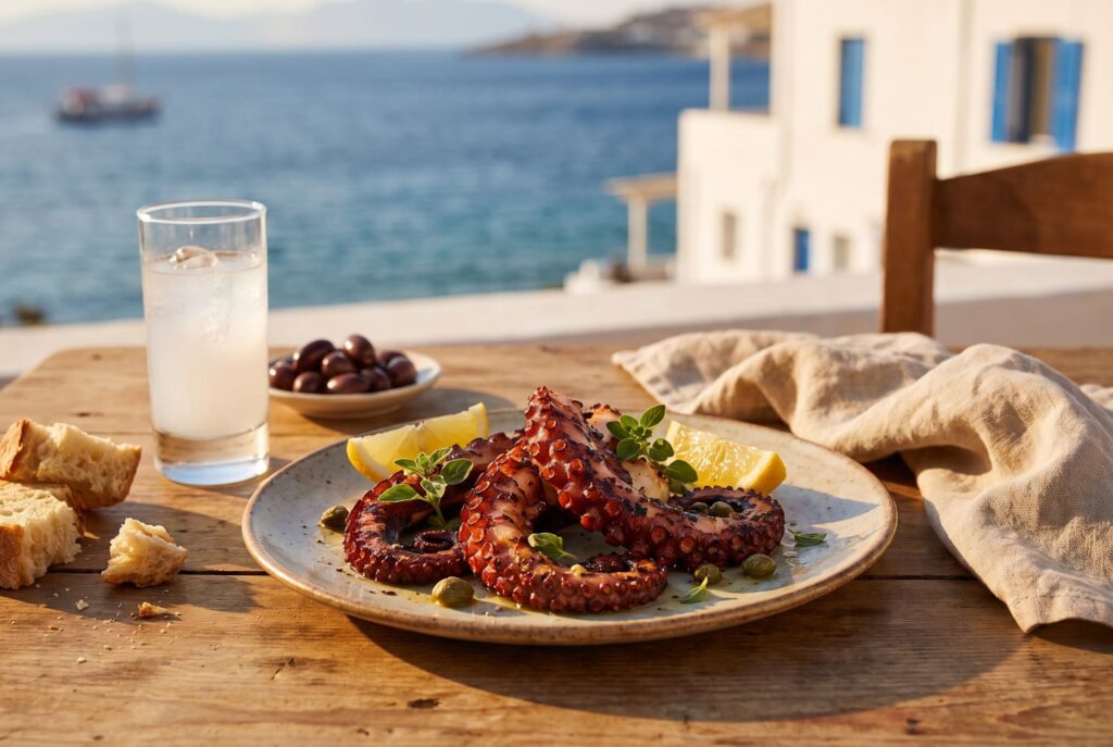 Grilled octopus with lemon, capers and oregano at an Aegean taverna table — the kind of lunch that makes the short ferry crossing from Türkiye feel like the point of the whole trip