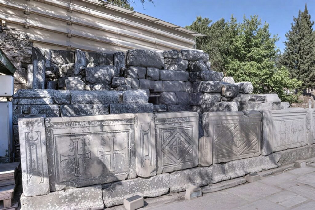 Byzantine-era marble panels carved with equal-arm crosses and geometric diamond lattice patterns built into the Heroon of Androklos along Curetes Street, Ephesus, showing the monument's conversion to Christian use
