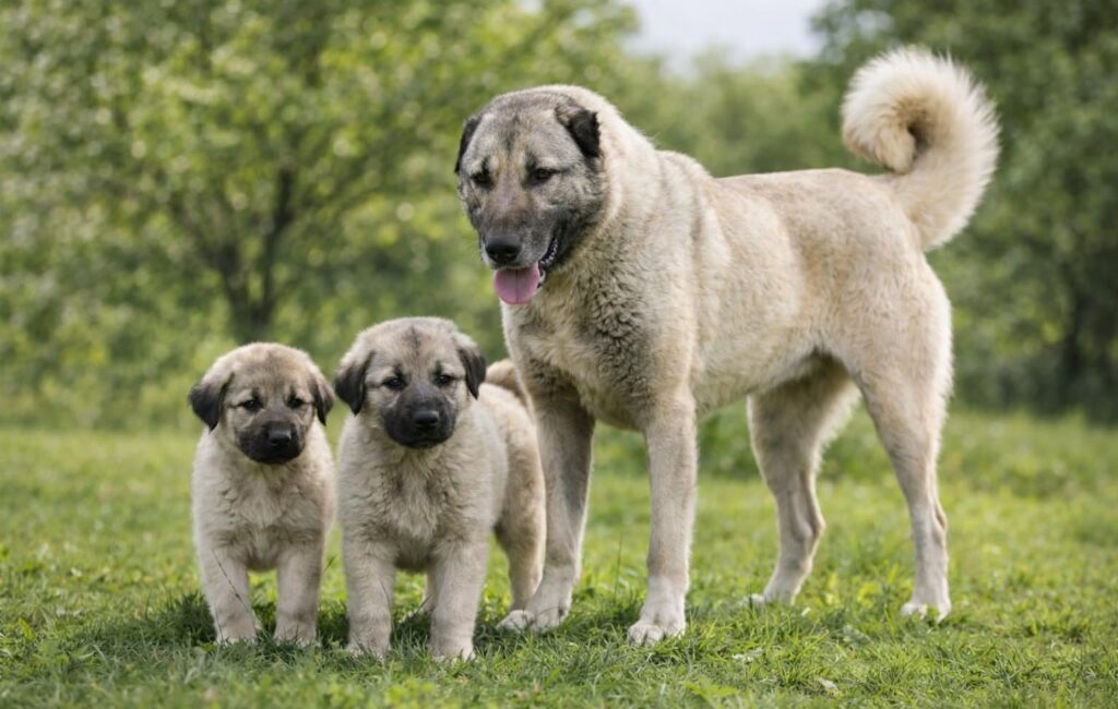 An adult Kangal Shepherd Dog standing beside two puppies in a grassy field.