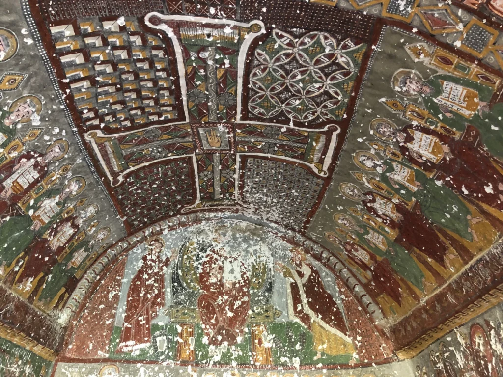 Medieval ceiling frescoes inside Kokar Church in Ihlara Valley, Cappadocia, Turkey.