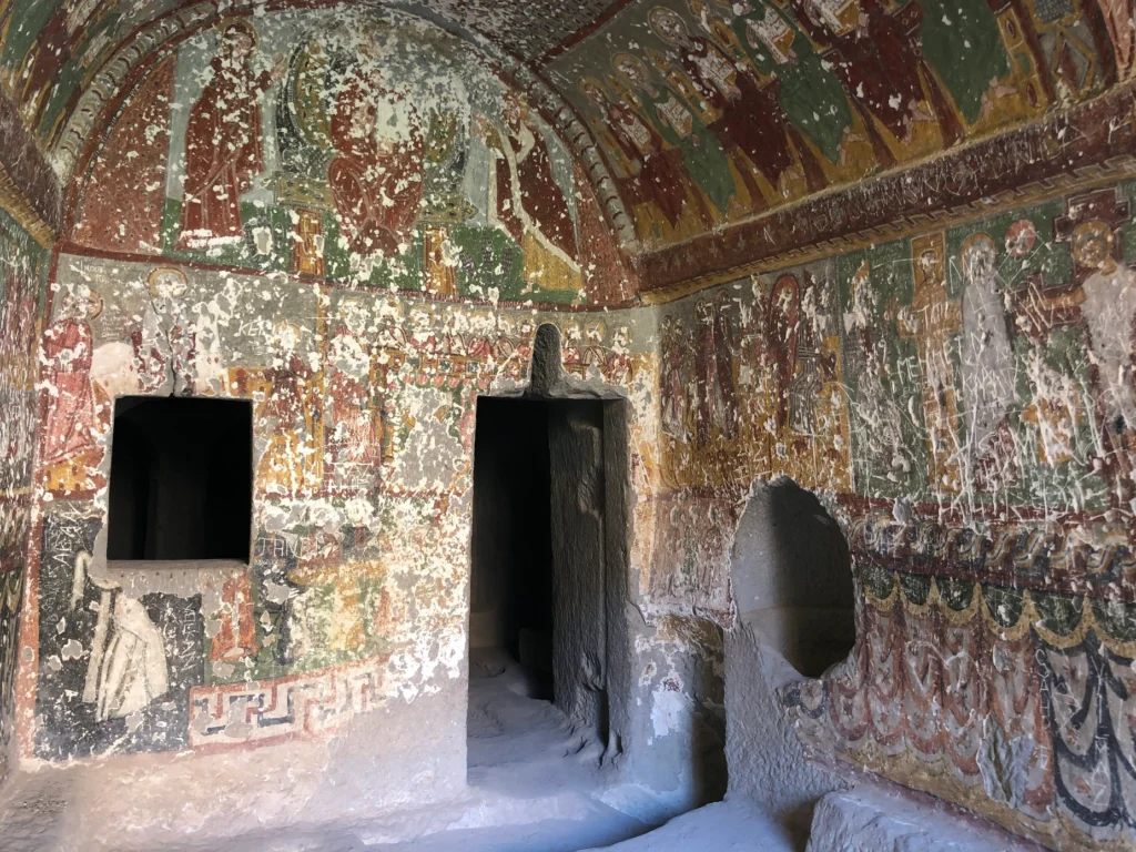 Interior of Kokar Church featuring well-preserved Byzantine frescoes in Ihlara Valley, Cappadocia, Turkey.