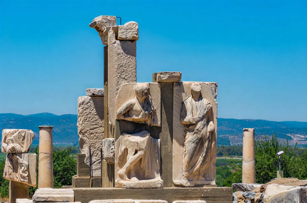 The carved marble relief panels of the Monument of Memmius near the top of Curetes Street, Ephesus, showing two Roman-era figures in high relief with the Aegean plain and distant hills behind