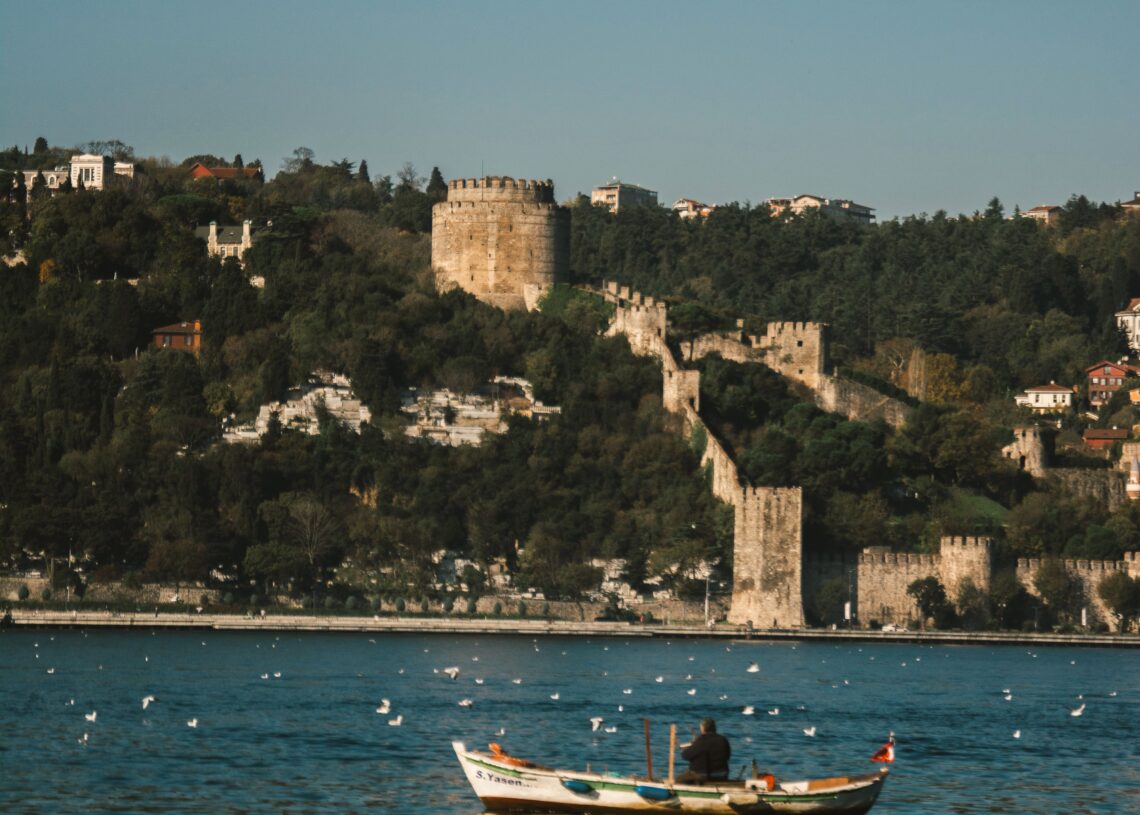Seabirds flying over the Bosphorus near Rumeli Fortress with a fishing boat in the foreground, Istanbul