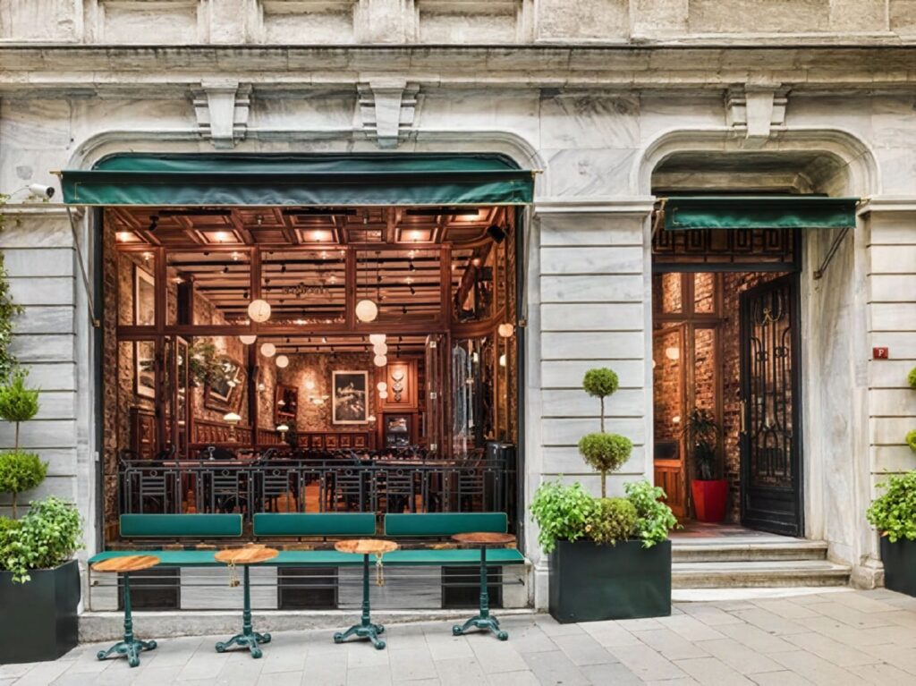 Salon Galata at Bozkurt Han, Bankalar Caddesi No 3/A, Karaköy — the 1870s bank building facade with green awnings and sidewalk seating