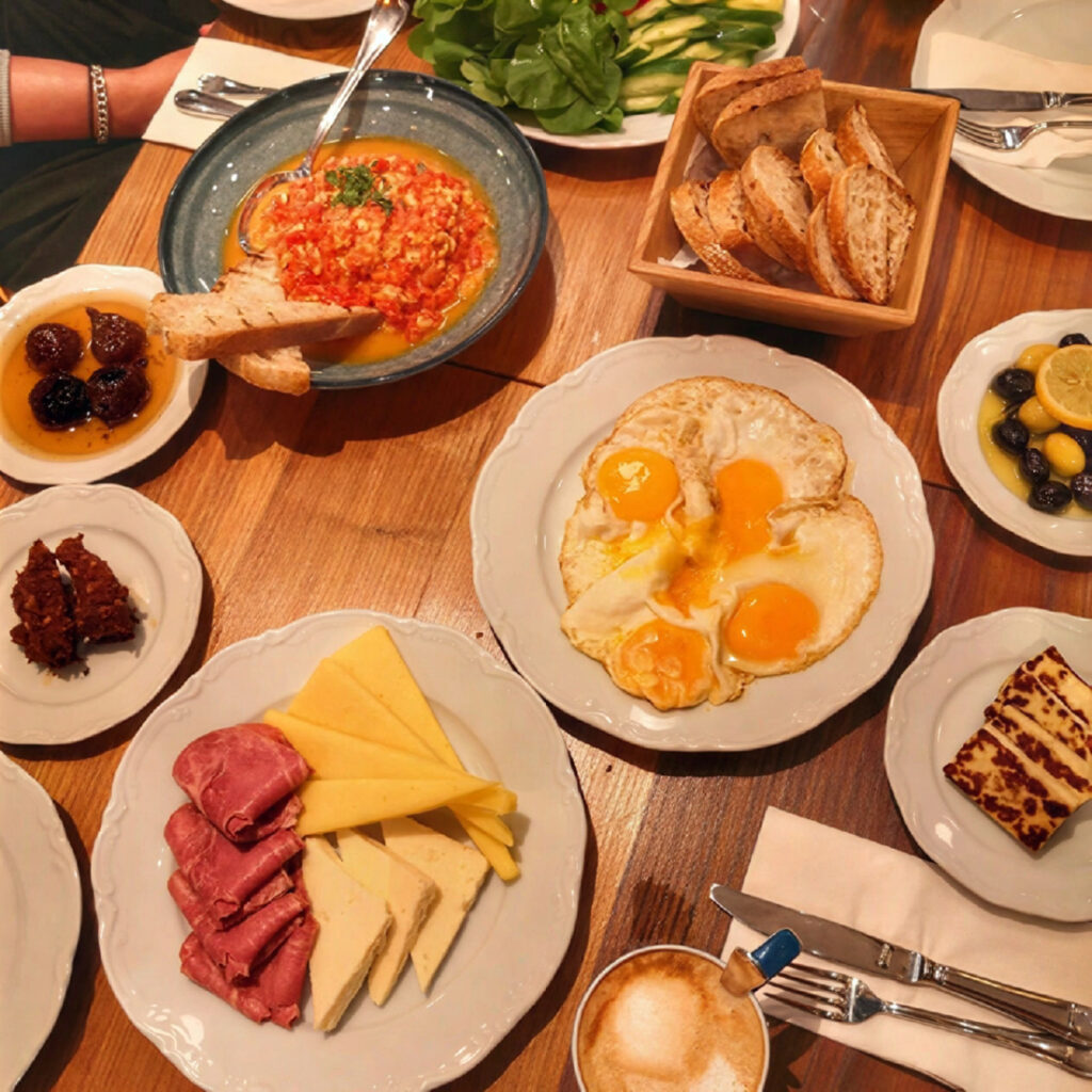 Salon Galata Turkish breakfast spread — fried eggs, menemen, cheese, cold cuts, olives and bread basket in Karaköy Description: The all-day breakfast at Salon Galata, Bankalar Caddes