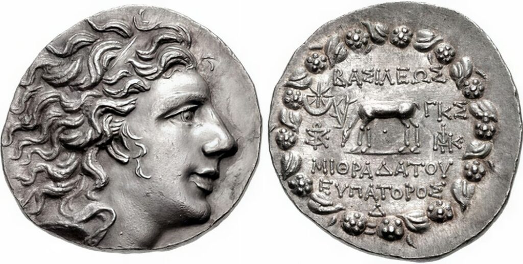 Obverse and reverse of a silver tetradrachm of Mithridates VI Eupator — the Pontic king whose massacre of Romans at Ephesus in 88 BC dramatically reshaped the city in the generation before its great Roman building programme