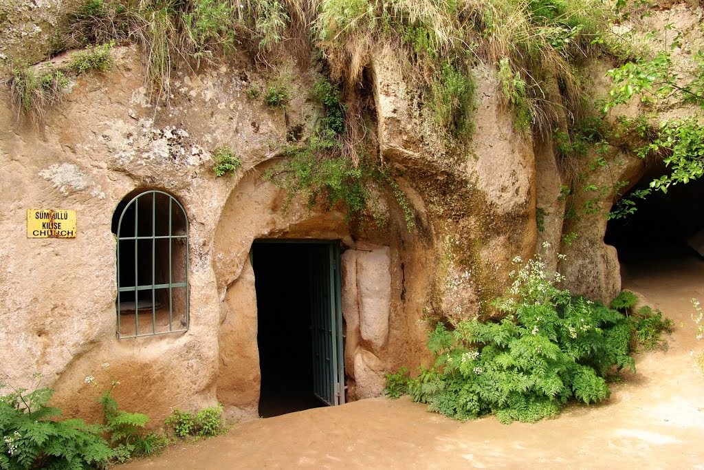 Entrance of Sümbüllü Church carved into the volcanic rock of Ihlara Valley, Cappadocia, Turkey.