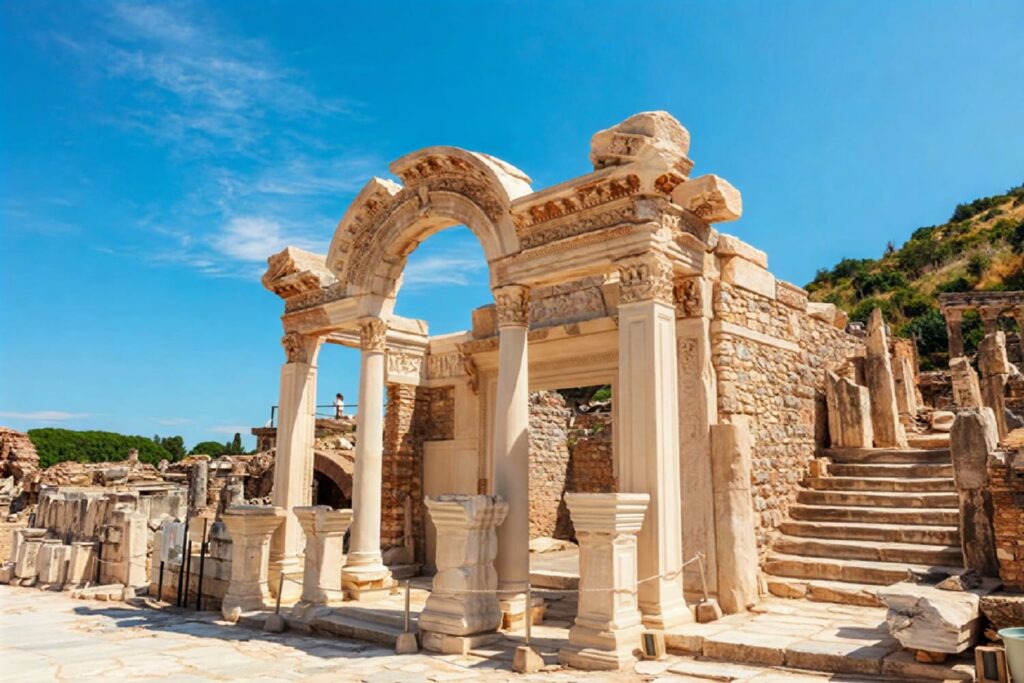 The Temple of Hadrian on Curetes Street, Ephesus, under a clear blue sky — the outer arch, four Corinthian columns and flanking staircase fully visible in warm summer light