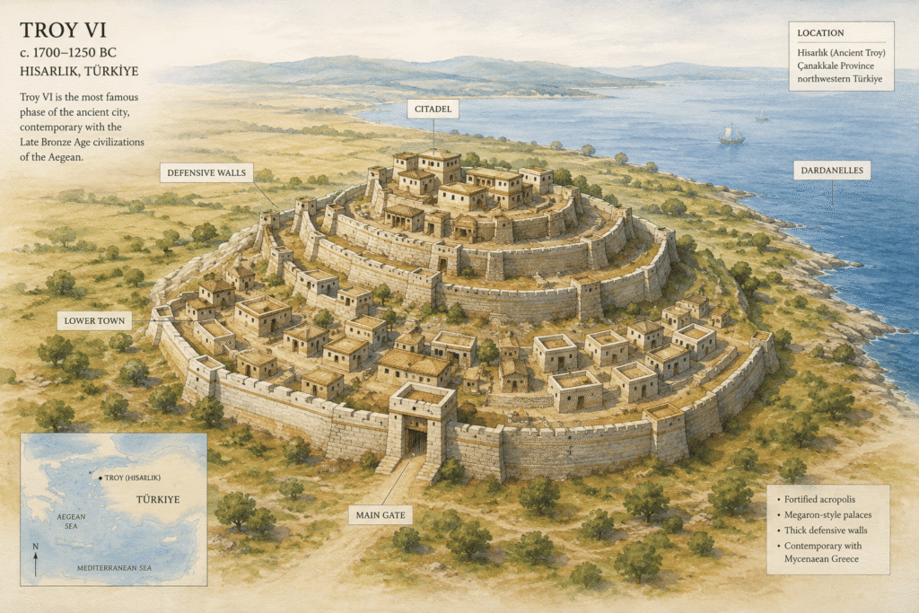 Artist's reconstruction of Troy VI, the Late Bronze Age citadel at Hisarlık, widely identified with ancient Troy (Wilusa).
