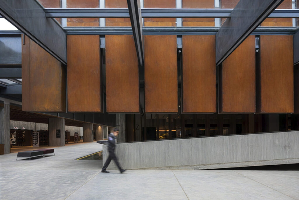 Rusted corten steel panels form the entrance canopy of the Troy Museum in Çanakkale