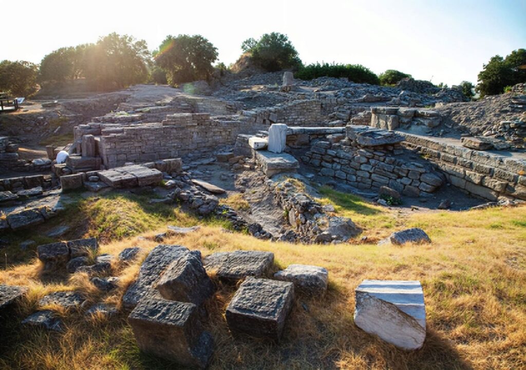 Sunrise over the Troy VI South Gate ruins and ashlar walls at Hisarlık