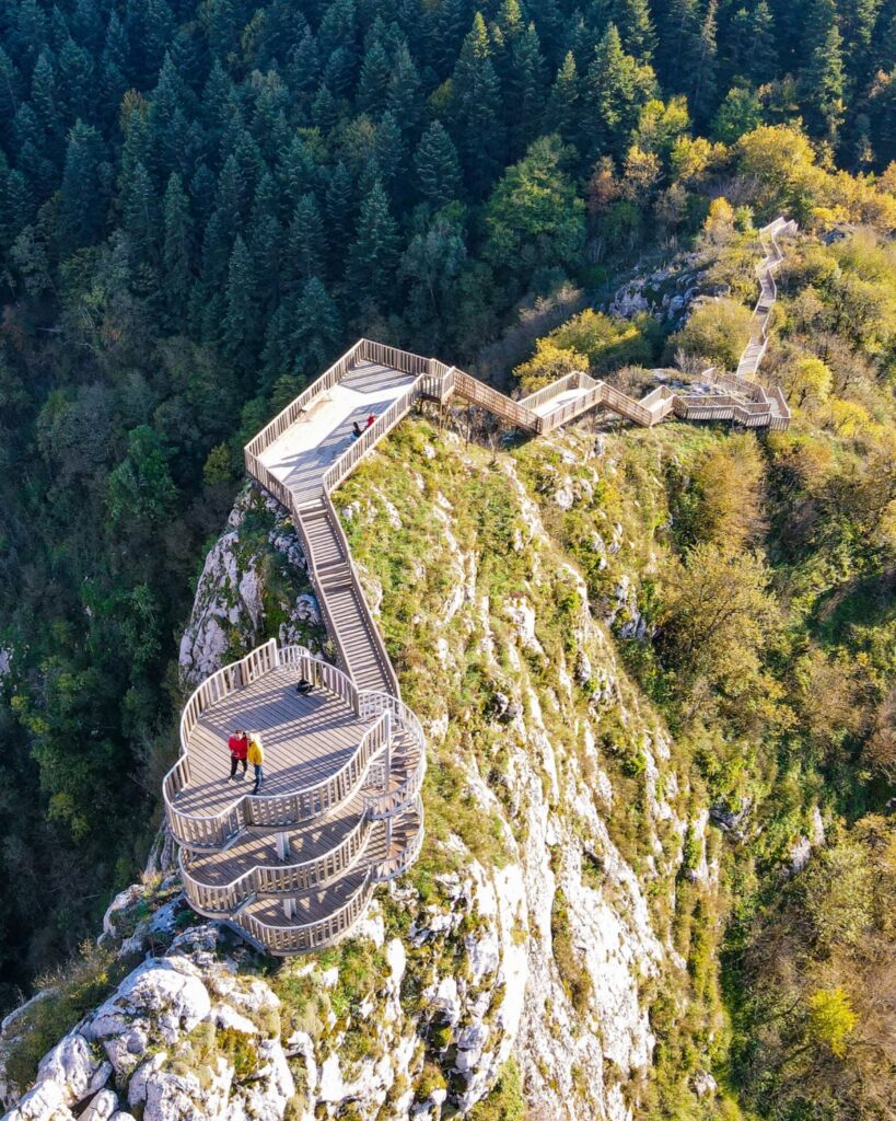 Aerial view of the three-story observation terrace overlooking Valla Canyon in Kastamonu, Turkey.