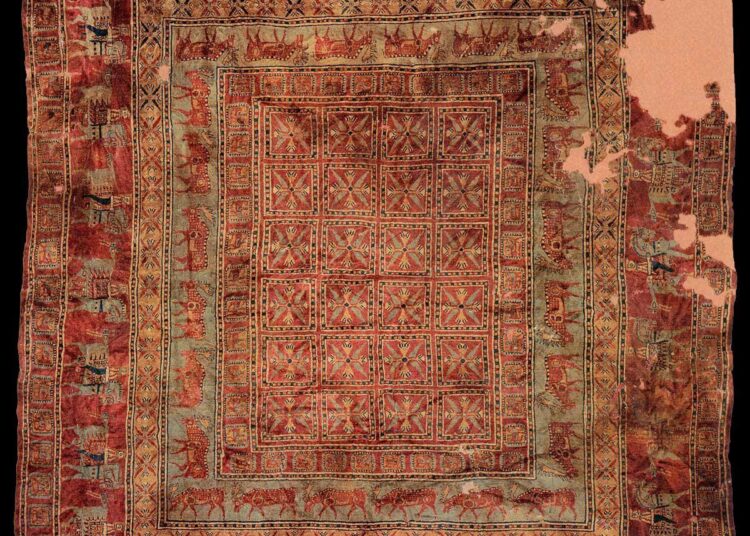 The Pazyryk Carpet, the world's oldest known pile carpet, dating to the 5th century BCE and featuring intricate geometric and animal motifs.